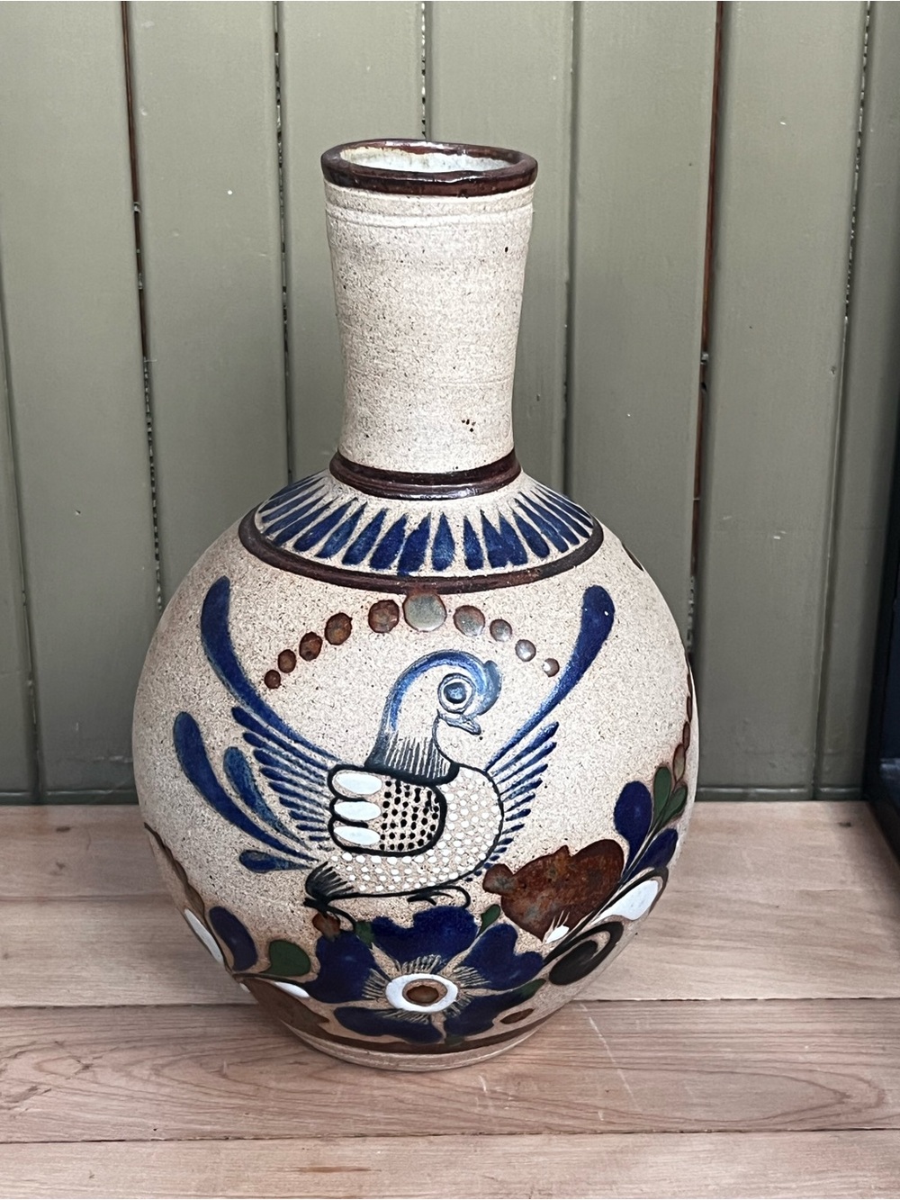 Mexican Tonala pottery Vase 9” bird floral motif